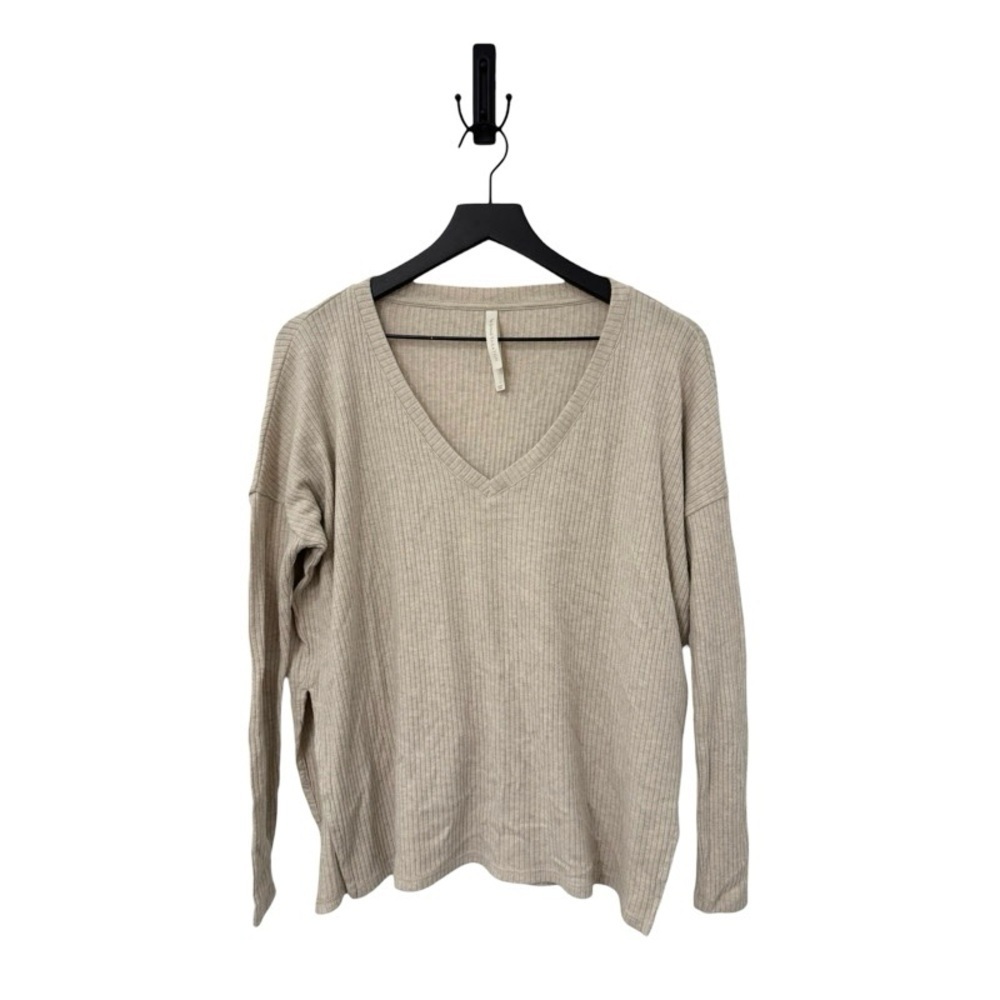 ARITZIA THE GROUP BY BABATON Ribbed V-Neck Knit Long-Sleeve in Beige